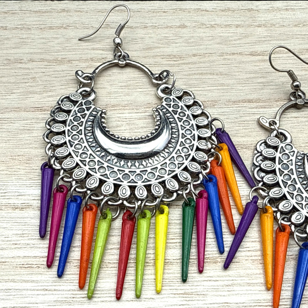 Chandelier Earrings Multicolor Mughal Ornate Silver Tone Frame Chandbali Dangles - Picture 2 of 5